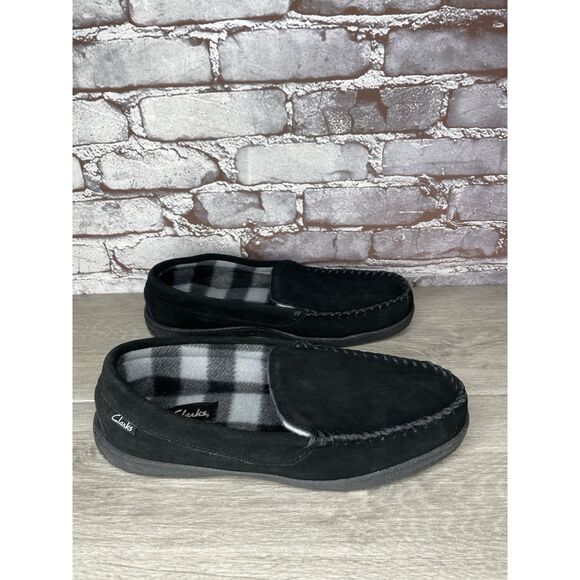 Clarks Venetian Black Suede Fur Lined Slip On Loafer Moccasin Slippers Men’s 10M - Picture 1 of 16